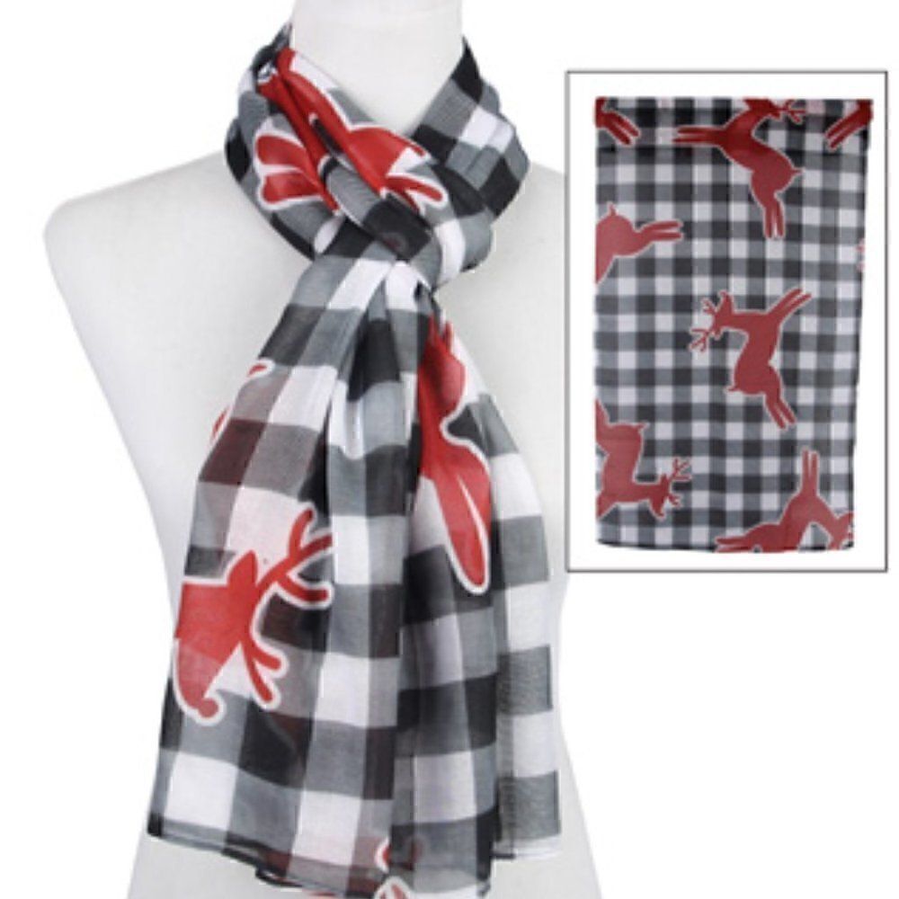 Buffalo Plaid Scarf with Red Reindeer